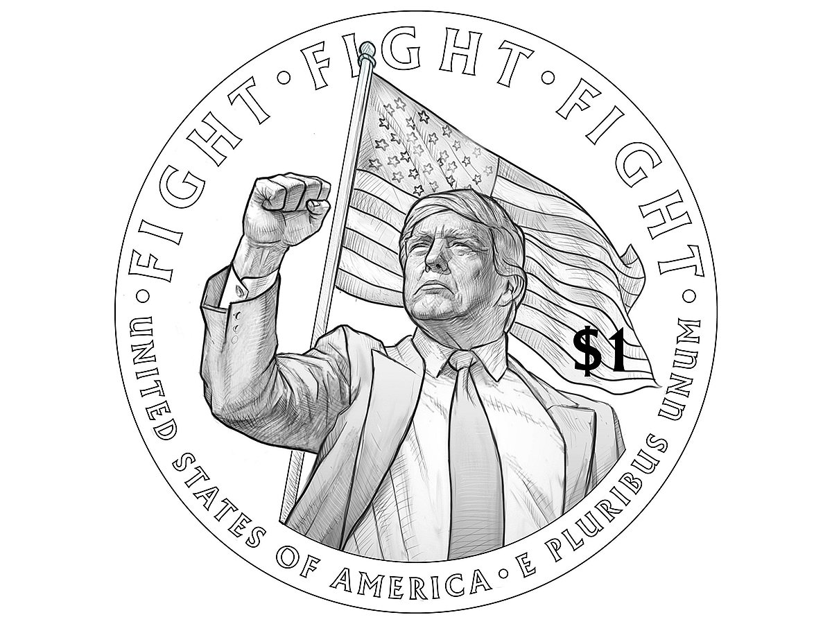 The draft design includes Trump's profile on one side, while the other side of the coin shows the president with his fist clenched and an American flag behind him.