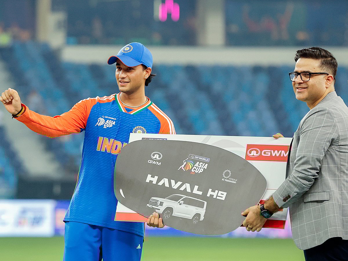 India's Abhishek Sharma receives the player of the series award after Team India wins the Asia Cup 2025 final match against Pakistan, at Dubai International Cricket Stadium on Monday, September 28, 2025. 