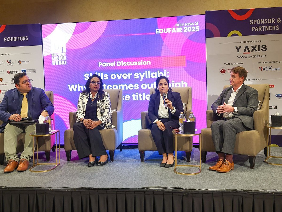 Prof. Shashank Khurana, Dr Vidya Nandagopal, Ruchi Aggarwal and Jeff Strachan during a panel discussion on the opening day of Gulf News Edufair 2025. Photo: Virendra Saklani/Gulf News