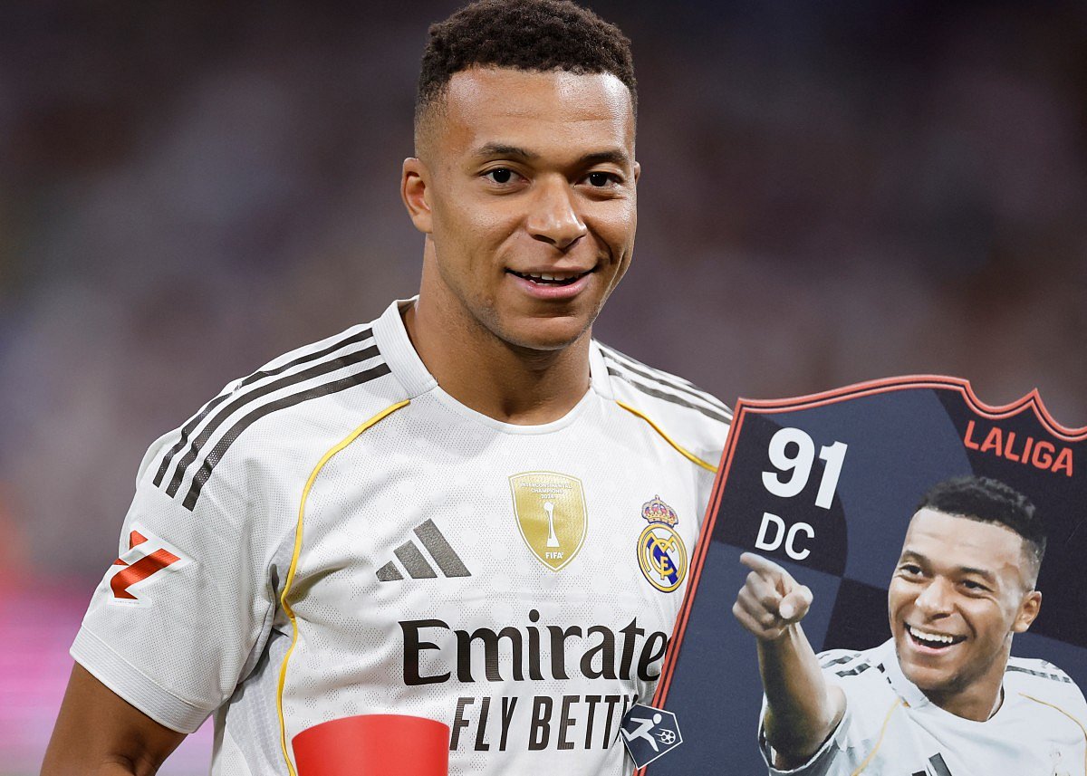 Real Madrid's French forward #10 Kylian Mbappe smiles after receiving the La Liga Player of the Month award before the Spanish league football match between Real Madrid CF and Villarreal CF at the Santiago Bernabeu stadium in Madrid on October 4, 2025.