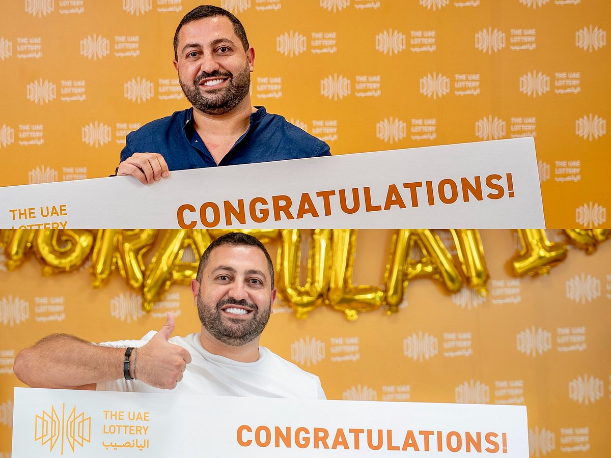 Anthony El Ghaoui while receiving his first prize (on top) and second prize (bottom) at The UAE Lottery studio. 