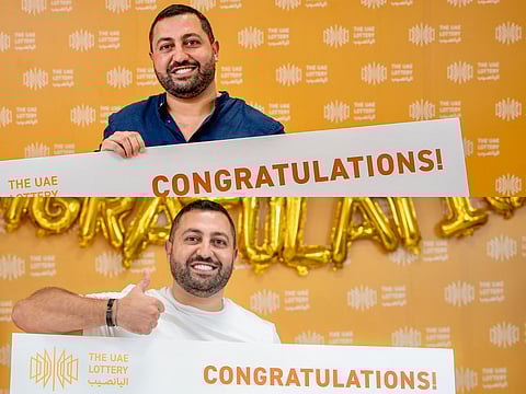 Anthony El Ghaoui while receiving his first prize (on top) and second prize (bottom) at The UAE Lottery studio. 