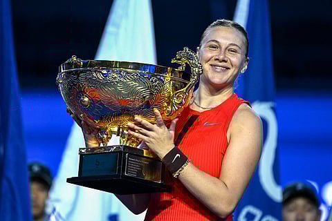 USA's Amanda Anisimova celebrates after winning the women's singles final against Czech Republic's Linda Noskova at the China Open tennis tournament in Beijing on October 5, 2025.