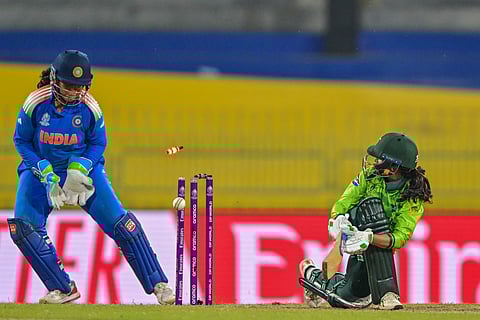 Pakistan's Rameen Shamim is bowled by India's Deepti Sharma during the ICC Women's Cricket World Cup 2025 one-day international (ODI) match at the R. Premadasa International Cricket Stadium in Colombo on October 5, 2025.