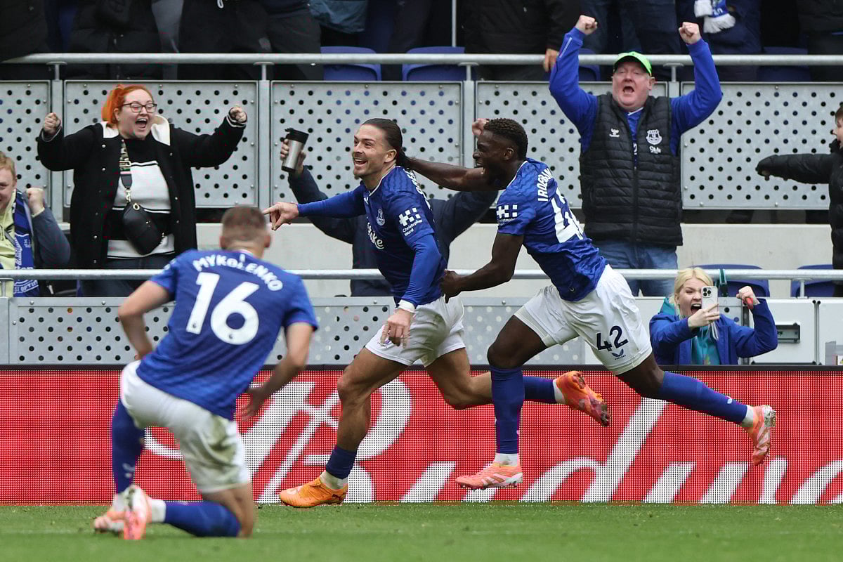 Everton's English midfielder Jack Grealish (C) celebrates with teammates after scoring their second goal during the English Premier League football match against Crystal Palace at Hill Dickinson Stadium in Liverpool, north west England on October 5, 2025.