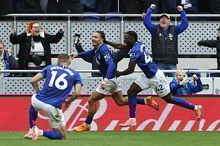Everton's English midfielder Jack Grealish (C) celebrates with teammates after scoring their second goal during the English Premier League football match against Crystal Palace at Hill Dickinson Stadium in Liverpool, north west England on October 5, 2025.