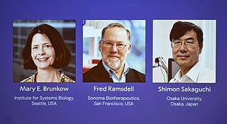 The portraits of Mary E Brunkow, Fred Ramsdell and Shimon Sakaguchi are displayed during a press conference where the winners of the 2025 Nobel Prize in Physiology or Medicine are being announced at the Karolinska Institute in Stockholm, Sweden, on October 6, 2025.