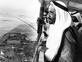 Sheikh Rashid bin Saeed Al Maktoum, the late Ruler of Dubai (1912-1990), is considered the architect of modern Dubai - it was during his time that development projects moved out of the boardroom to become a reality. Above, Sheikh Rashid looks out from the Galadari Galleria — part of the Hyatt Regency complex — while it was still under construction in this file photo. The building’s clean, modern lines have stood the test of time and remain one of Dubai’s enduring landmarks.