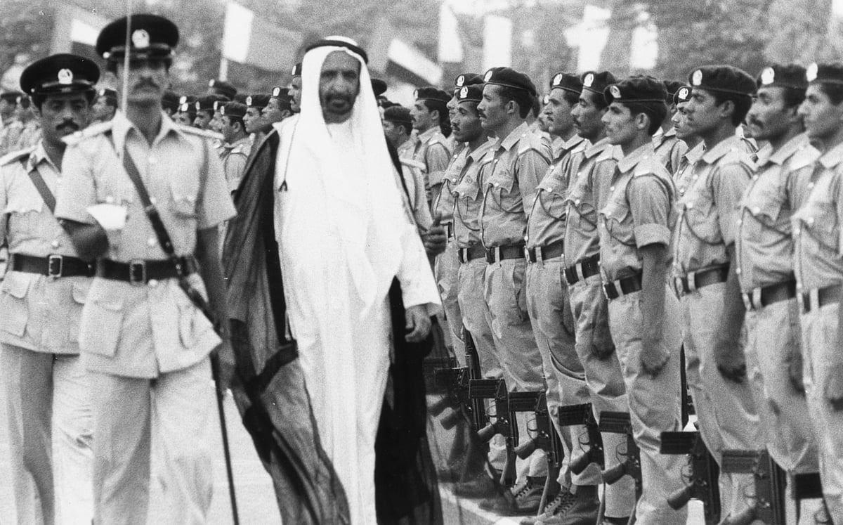 Sheikh Rashid bin Saeed Al Maktoum inspects the cadets during a graduation ceremony in Dubai, reflecting his commitment to nation-building and the development of the UAE’s defence institutions.