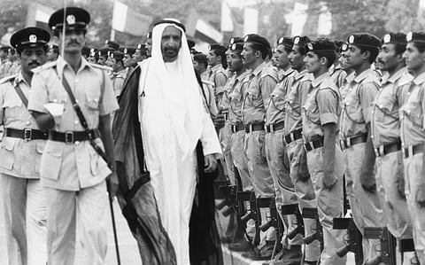Sheikh Rashid bin Saeed Al Maktoum inspects the cadets during a graduation ceremony in Dubai, reflecting his commitment to nation-building and the development of the UAE’s defence institutions.
