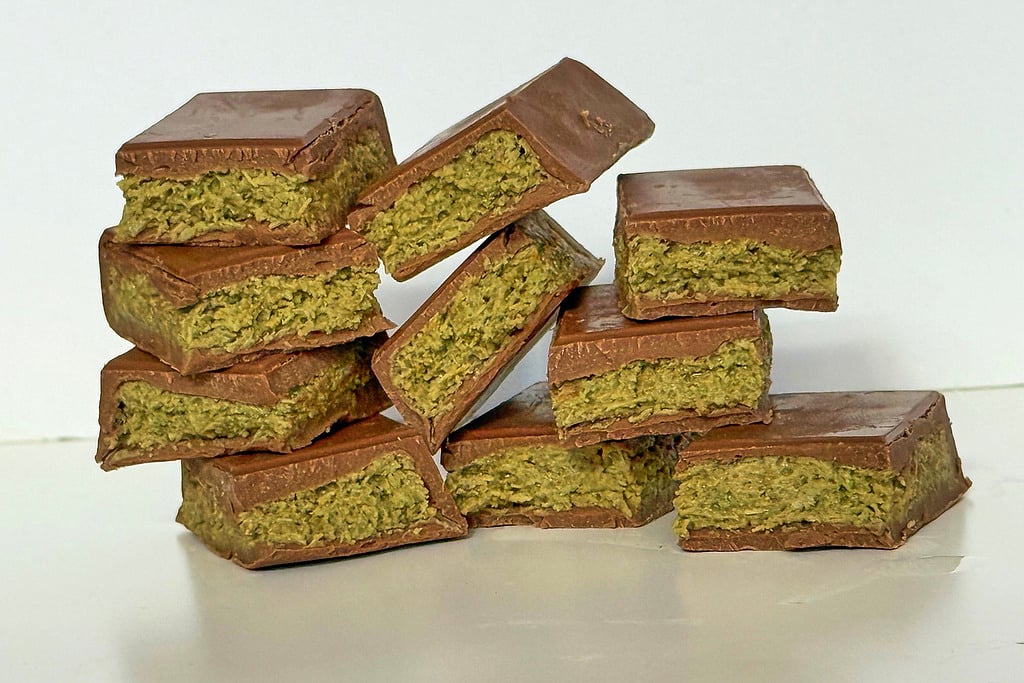 Pieces of Dubai chocolate bars are displayed in New York on Friday, Sept. 26, 2025. (Katie Workman via AP)