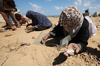 Palestinian women search the sand for legumes or rice in Nuseirat in the central Gaza Strip during an airdrop mission above the Israel-besieged Palestinian territory on August 5, 2025.  