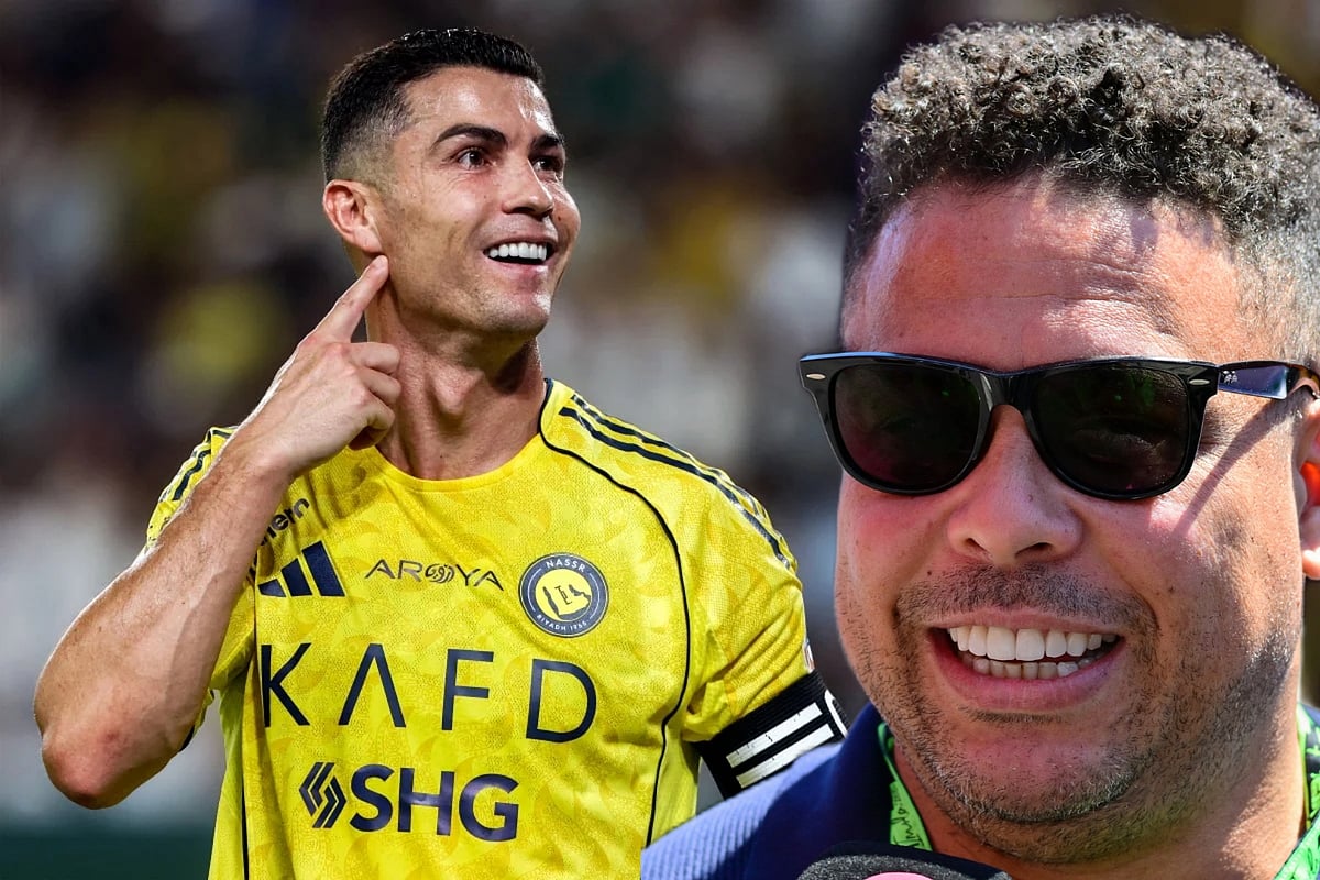 Nassr’s Portuguese forward Cristiano Ronaldo (#7) celebrates after scoring during the Saudi Pro League match against Al-Riyadh SC at Al-Awwal Park in Riyadh on September 20, 2025, while Brazilian football legend Ronaldo Nazario speaks to the press as he arrives at the Emilia Romagna Formula One Grand Prix at the Imola Autodrome in Italy on May 18, 2025.