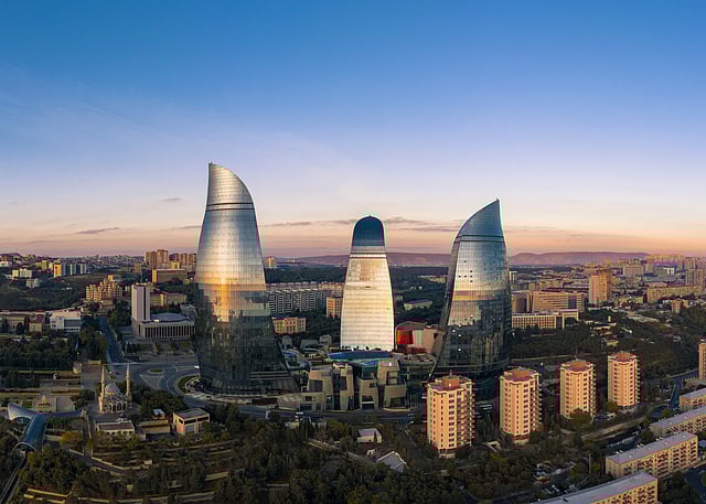 Three flame-shaped buildings tower over the city of Baku, pay homage to the country's moniker, The Land of Fire.