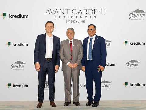 Abdul Azeez (centre), CEO of Skyline Builders; Misa Lazovic (left), Founder & CEO of Kredium; and Praveen Menon, Vice -President of Operations, Skyline Builders during the launch of Skyline's second project in Dubai, Avant Garde Residences ll at Jumeirah Village Circle