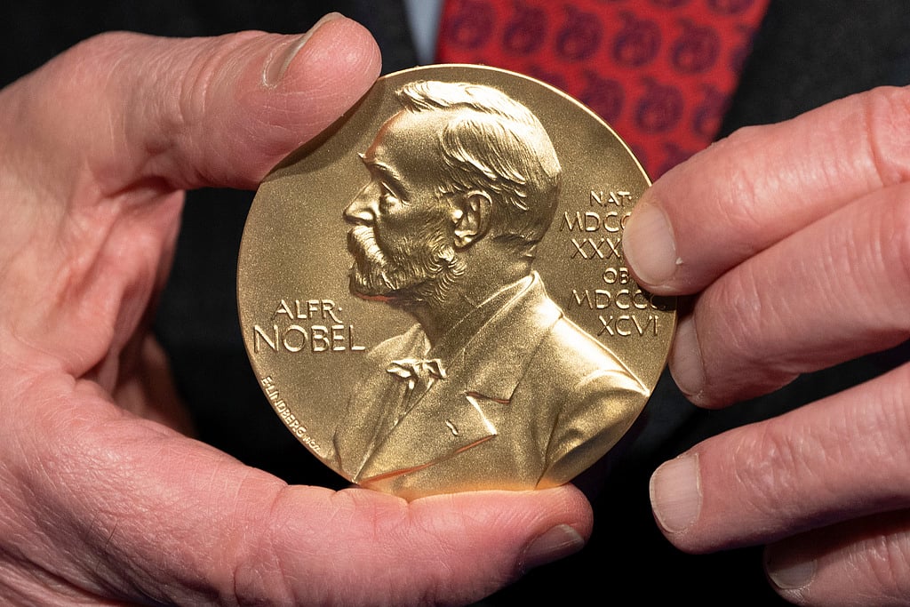 A close-up view of a Nobel Prize medal at the National Institutes of Health (NIH) in Bethesda, Md., Tuesday, Dec. 8, 2020. 