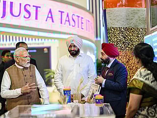 Prime Minister Narendra Modi inspects the World Food India 2025 programme along with Union Minister of State for Food Processing Industries Ravneet Singh Bittu in New Delhi.