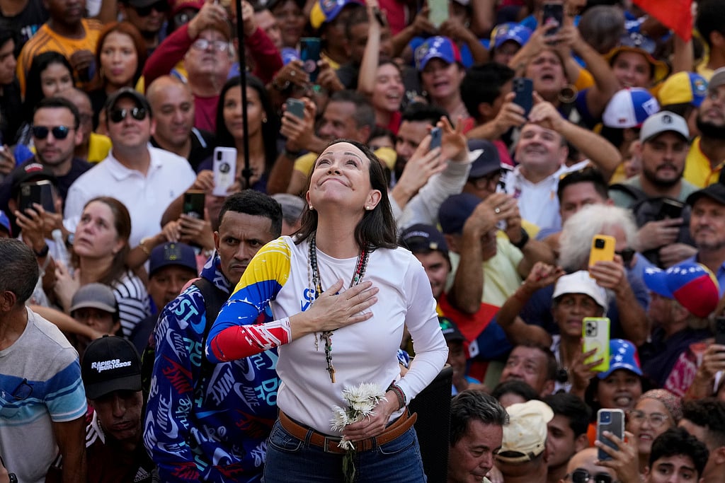  Venezuelan opposition leader Maria Corina Machado addresses supporters at a protest against President Nicolas Maduro in Caracas, Venezuela, Jan. 9, 2025, the day before his inauguration for a third term. 