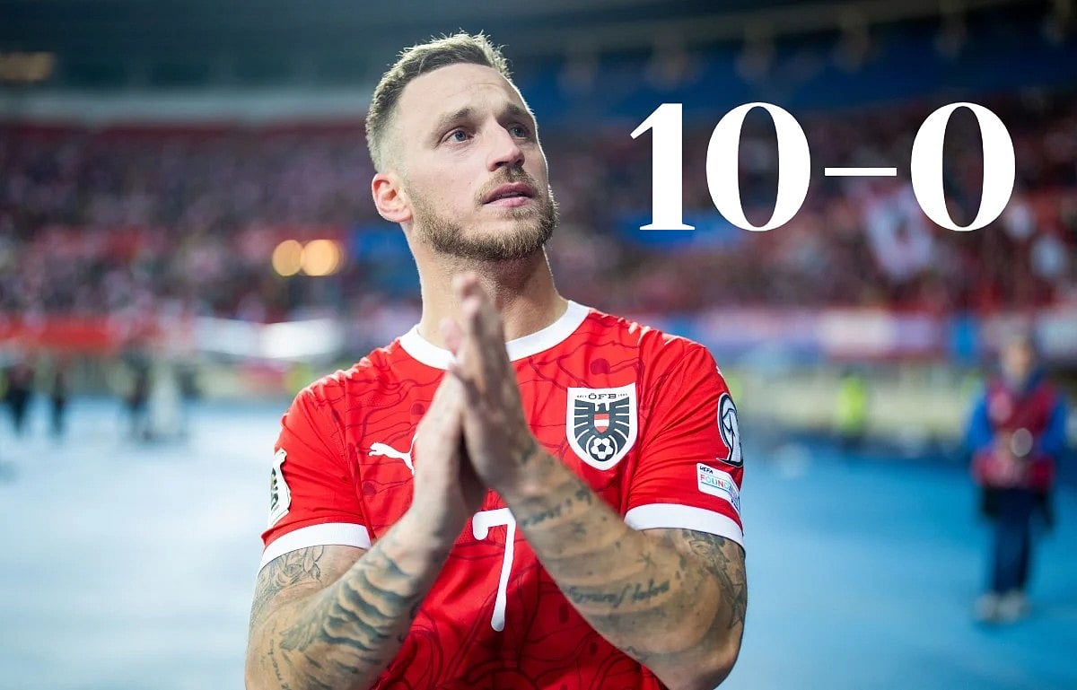 Austria's forward Marko Arnautovic wearing jersey number 07 celebrates after the FIFA World Cup 2026 Group H European qualification match between Austria and San Marino in Vienna on October 9, 2025.
