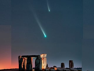 An artist's conception of two comets that will make a near-earth passes later this month. SWAN will pass closest to Earth on October 20, 2025 coming within 38.6 million km, while Lemmon will follow on October 21 at 88.5 million km, according to the University of Maryland. 


