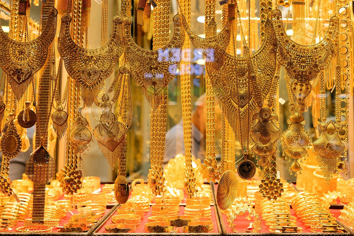 A photo shows gold bangles and necklaces for sale at a gold shop at the Grand Baazar in Istanbul, on October 10, 2025.