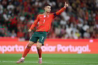 Portugal's forward Cristiano Ronaldo gives a thumbs-up during the 2026 World Cup qualifier Europe zone group F football match between Portugal and Ireland at Jose Alvalade stadium in Lisbon on October 11, 2025.