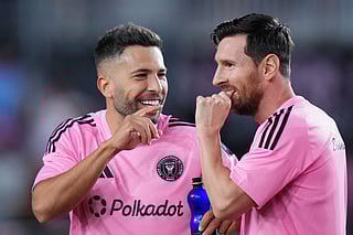 Lionel Messi #10 and Jordi Alba #18 of Inter Miami CF warm up prior to the MLS Inter Miami CF and Atlanta United at Chase Stadium on October 11, 2025 in Fort Lauderdale, Florida.