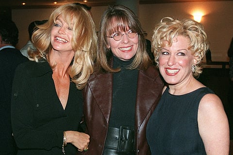FILE - Goldie Hawn, from left, Diane Keaton, and Bette Midler appear at the premiere of their film "The First Wives Club" in Los Angeles on Sept.16, 1996.