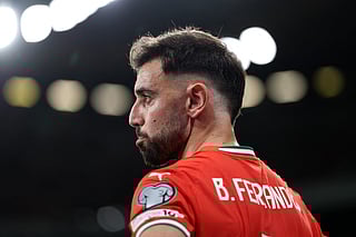 Portugal's midfielder #08 Bruno Fernandes reacts during the 2026 World Cup qualifier Europe zone group F football match between Portugal and Ireland at Jose Alvalade stadium in Lisbon on October 11, 2025.