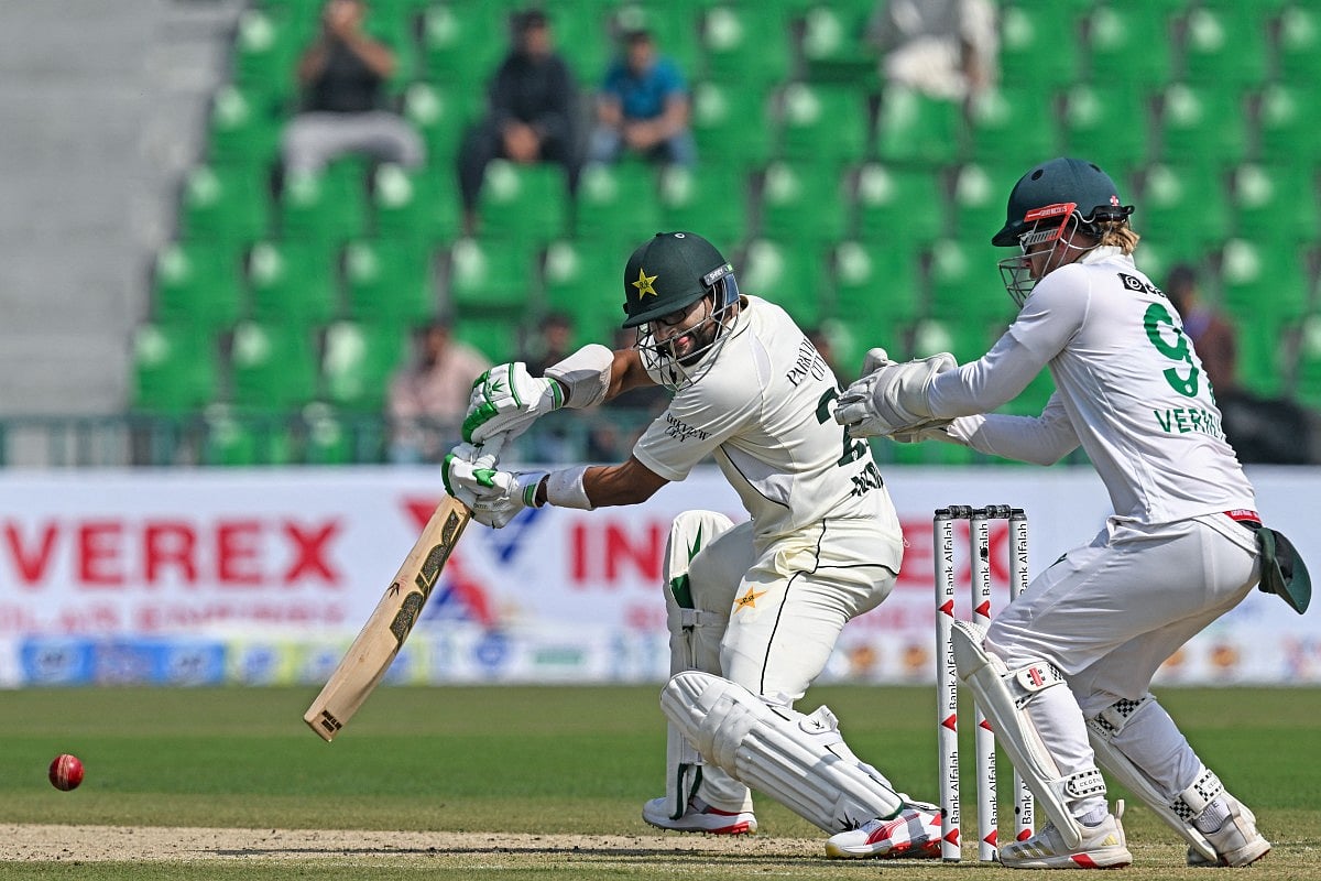 Pakistan's Imam-ul-Haq in action during the first day of the first Test cricket match against South Africa at the Gaddafi Stadium in Lahore on October 12, 2025.
