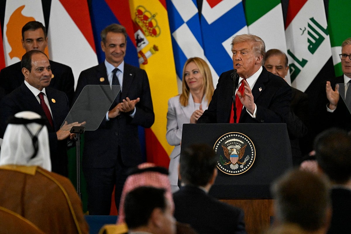 Trump delivers a statement during a summit on Gaza in Sharm Al Sheikh on October 13, 2025.