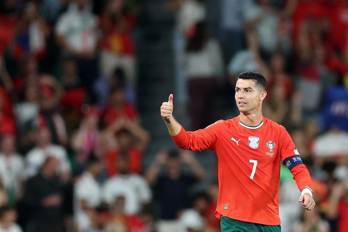 Portugal's forward #16 Cristiano Ronaldo celebrates scoring his team's second goal during the 2026 World Cup qualifiers Europe zone group F football match between Portugal and Hungary at Jose Alvalade stadium in Lisbon on October 14, 2025.