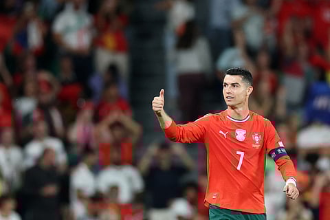 Portugal's forward #16 Cristiano Ronaldo celebrates scoring his team's second goal during the 2026 World Cup qualifiers Europe zone group F football match between Portugal and Hungary at Jose Alvalade stadium in Lisbon on October 14, 2025.