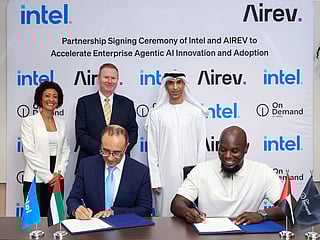 (Back row, L-R): Reem Nasser (Partnership Director META for Intel Corporation), Dermot J. Hargaden (Vice President, Sales and Marketing Group, and General Manager for EMEA for Intel Corporation), and His Excellency Dr Thani bin Ahmed Al Zeyoudi, (UAE Minister of Foreign Trade). 

(Front row, L-R): Taha Khalifa (GM of Middle East and Africa for Intel Corporation), and Muhammad Khalid (Founder and CEO of AIREV). 
