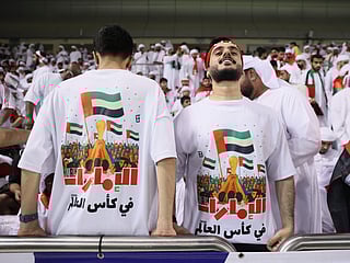 Supporters of the UAE are seen before the 2026 World Cup qualifying soccer match between Qatar and United Arab Emirates at the Hamad Bin Jassim Stadium in Doha.