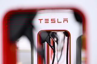 An electric charging station for Tesla cars is pictured at a shopping mall in Bochum, western Germany, on October 15, 2025.