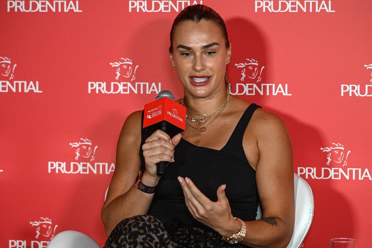 Belarus' tennis player Aryna Sabalenka speaks as she attends a media event in Hong Kong on October 14, 2025.