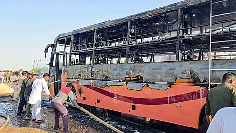 What remains after the fire on the bus in Jaisalmer on Tuesday.  
