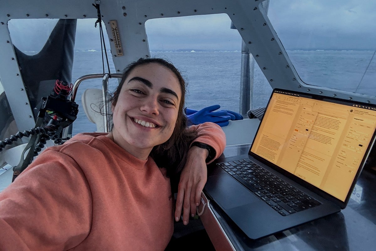 Brazilian sailor Tamara Klink during her Arctic voyage through the Northwest Passage, on her sailboat "Sardinha 2" in the remote western region of Nunavut, Canada, in the Beaufort Sea.