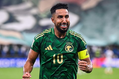 Saudi Arabia's Salem Al Dawsari celebrates at the end of the World Cup 2026 Asian qualifier fourth-round Group B soccer match between Saudi Arabia and Iraq at Alinma Bank Stadium in King Abdullah Sports City, in Jeddah, Saudi Arabia, Tuesday, Oct. 14, 2025. 