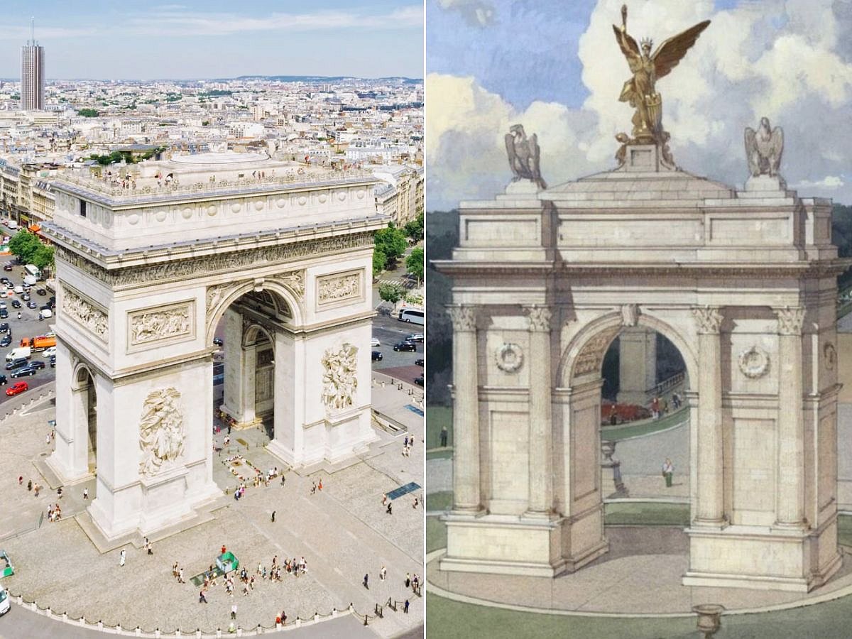 An illustration of the "Arc de Trump" by Harrison Design (right). At left is the Arc de Triomphe in Paris.