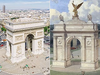 An illustration of the "Arc de Trump" by Harrison Design (right). At left is the Arc de Triomphe in Paris.