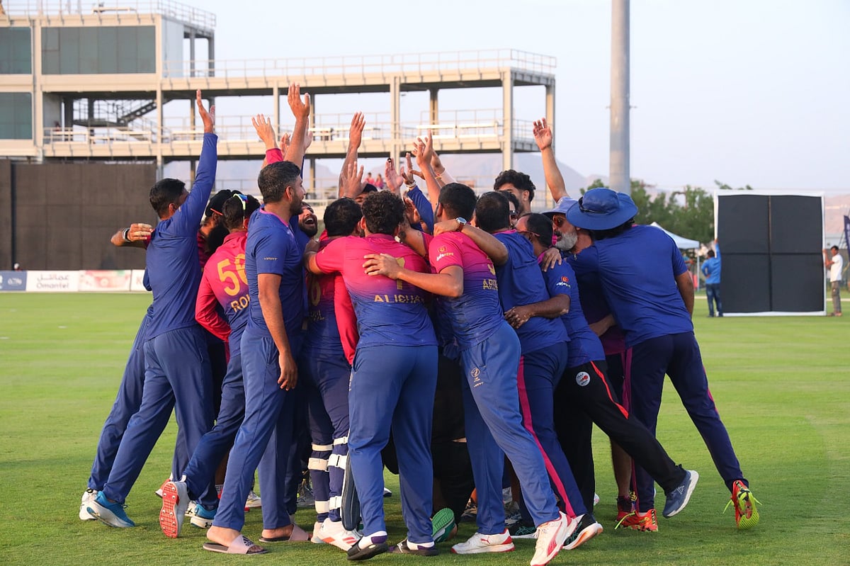 Team UAE celebrate ICC Men's T20 World Cup qualification following their win over Japan on Thursday evening in Muscat.