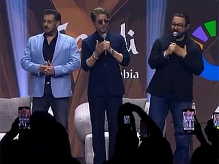 Salman Khan, Shah Rukh Khan and Aamir Khan on  stage during the Joy Forum 2025 in Riyadh.