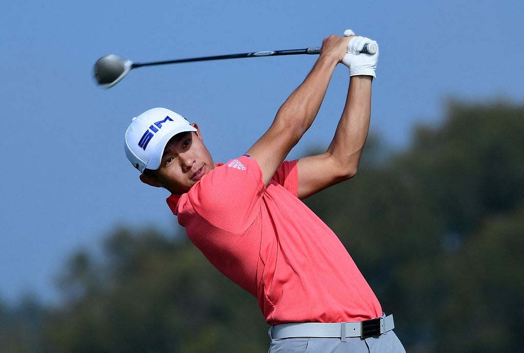 Colin Morikawa plays his shot from the second tee during the third round of the Farmers Insurance Open at Torrey Pines South on January 25, 2020 in San Diego, California.
