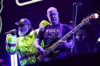 Throwback: Fred Durst (L) and Sam Rivers (R) from the US band "Limp Bizkit" perform on stage at the Estéreo Picnic Festival in Bogotá on March 21, 2024.