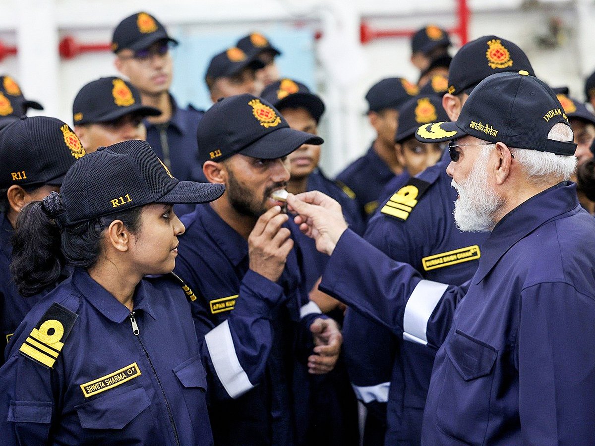 Prime Minister Narendra Modi celebrates Diwali with naval personnel on INS Vikrant, in Goa on Monday, October 20, 2025. 