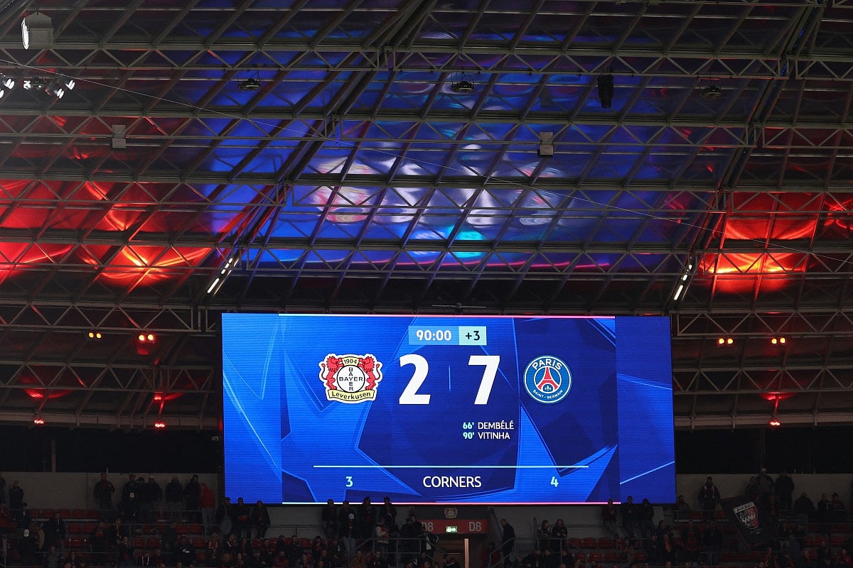 The final score of 2-7 is seen on the scoreboard during the UEFA Champions League football match between Bayer 04 Leverkusen and Paris Saint-Germain (PSG) at the BayArena stadium in Leverkusen, western Germany on October 21, 2025.