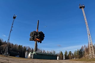 This grab from a handout footage released by the Russian Defence Ministry press service on October 22, 2025, shows the launch of a Yars intercontinental ballistic missile at Plesetsk testing field in northern Russia during drills of the country's nuclear forces.