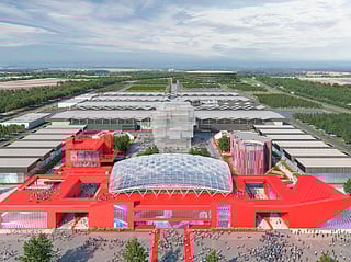 An aerial view from up front of the Expo 2027 Belgrade grounds and Stadium